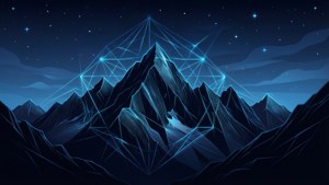 山頂以發光藍色線條勾勒，襯托星空夜空。