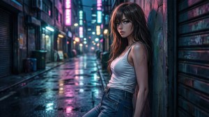 女子在夜晚霓虹燈照亮的雨中小巷靠牆站立。