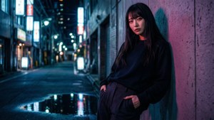 女子靠喺霓虹燈城市小巷嘅牆壁，夜晚有水窪倒影
