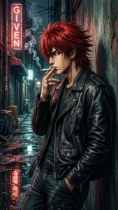 紅髮動漫男子皮夾克在雨巷霓虹燈下抽煙