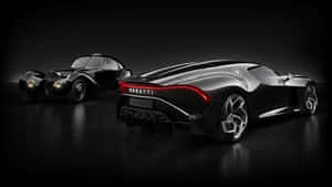 兩輛黑色Bugatti超級跑車在帶有反射地板和戲劇性燈光的昏暗工作室中展示。
