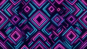 深色背景上的霓虹粉紅和青色發光幾何圖案。 — 3840x1080 GIF 壁紙