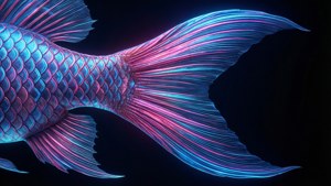 在黑暗中游動的發光鱗片霓虹藍和粉紅色魚