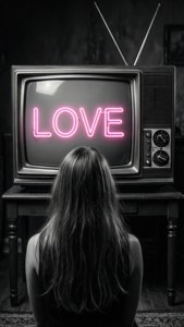 一個人在昏暗的房間裡看著舊電視上的粉紅色霓虹 LOVE 標誌。
