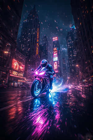 電單車手在夜晚高速駛過下雨的霓虹城市街道