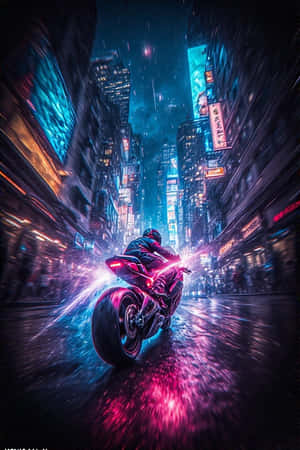 一名騎手騎著發光的粉紅色電單車，在夜晚穿過被雨水浸透的霓虹燈賽博朋克城市街道。
