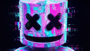 Marshmello頭盔的故障藝術，帶有霓虹色彩和數碼失真。
