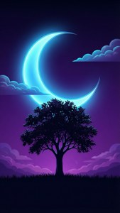 紫色夜空中發光的彎月下的一棵孤樹。 — 暗色 壁紙