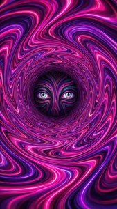 一個紫色和洋紅色的旋轉隧道，中間有發光的綠色眼睛。