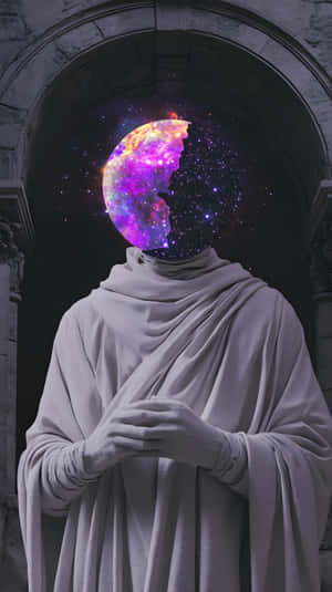 一個身穿長袍的雕像，頭部是一個發光的星系月亮，位於石拱門下。 — 太空 壁紙
