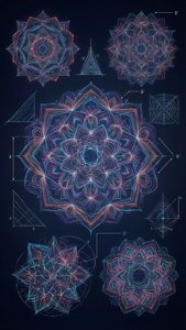 在深藍色背景上帶有數學註釋的發光幾何曼陀羅。