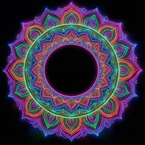 黑色背景上帶有發光花瓣的鮮豔霓虹曼陀羅