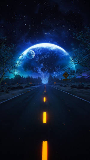 一條發光的道路通向一顆巨大的藍色行星和月亮，在繁星點點的夜空下。