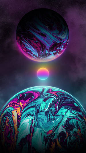 兩個色彩繽紛的旋轉行星，它們之間有一個發光的球體，背景是繁星點點的紫色天空。