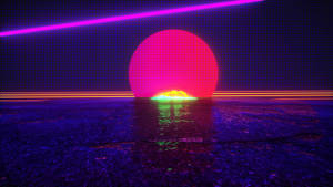 一個霓虹粉紅色的太陽在黑暗的網格上升起，帶有發光的條紋和反射。