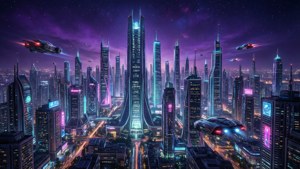 未來城市，霓虹燈和飛行汽車在星空夜空下。 — 城市景觀 壁紙