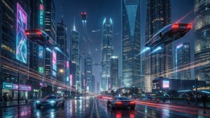 未來城市，有飛天汽車和霓虹燈的夜景