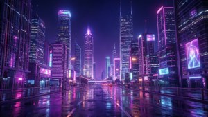 未來主義的城市街道在夜晚，霓虹燈光反射在濕漉漉的路面上。