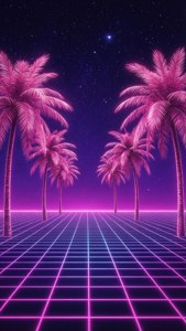 繁星點點夜空下，發光網格上的粉紅色棕櫚樹。