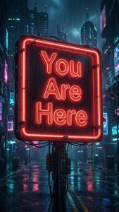 夜晚下雨的未來城市中，寫著 You Are Here 的霓虹燈牌。