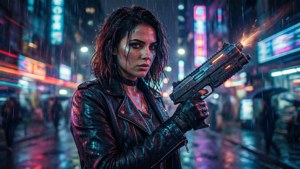 賽博龐克女性在夜晚的霓虹雨中發射發光手槍。