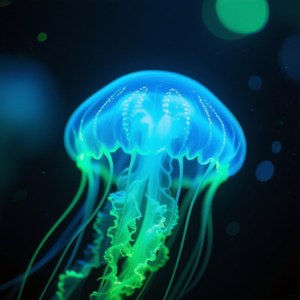 在黑暗的水中漂浮的發光藍色和綠色水母，帶有柔和的光圈