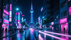 雨夜中的東京街道，霓虹招牌和過往車輛的倒影閃爍發光。