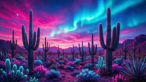 夜間沙漠中，霓虹仙人掌在多彩極光下發光。 — 霓虹美學 壁紙