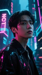 年輕男子穿黑色外套站在夜晚雨中的霓虹城市
