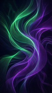 在黑暗抽象圖案中動態旋轉的霓虹綠和紫色發光線條