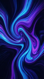 在深色背景上，霓虹藍色和紫色液體的動態漩渦