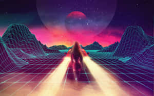 一個人在星空下，穿過霓虹賽博朋克景觀，走在發光的網格小徑上。