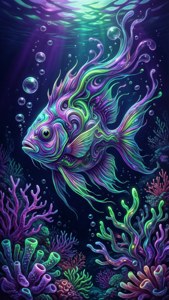 鮮豔的霓虹魚在發光的珊瑚礁中滑行，陽光穿透黑暗的海水。