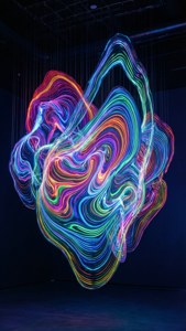 一幅未來感風格的壁紙，展現黑暗空間中霓虹燈般的旋轉動態裝置。 — 手機 壁紙