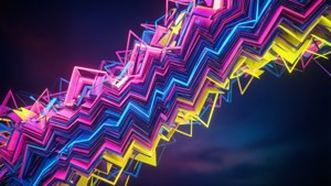 霓虹燈 zigzag 幾何形狀在深色漸變天空下閃耀。