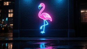 夜晚潮濕的城市街道上發光的霓虹燈火烈鳥標誌。