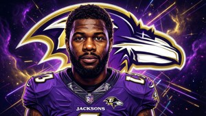 足球員身穿Ravens球衣，背景為宇宙星空及球隊標誌