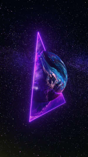 一個發光的紫色三角形在星空宇宙場景中包圍一個旋轉的行星。