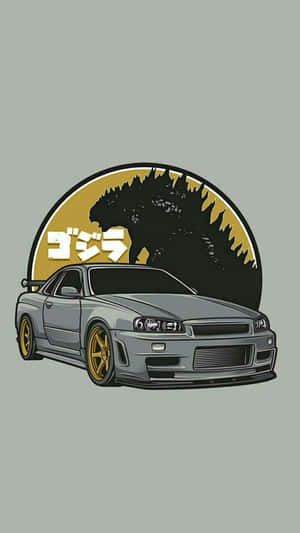 灰色日產Skyline R34配金色輪圈，位於哥斯拉標誌下方。 — Jdm 美學 壁紙
