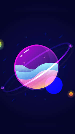 在黑暗的星空中，一顆帶有環和發光海洋的色彩繽紛的行星。