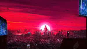 一個人在屋頂上形成剪影，觀看未來城市上空的紅色夕陽。