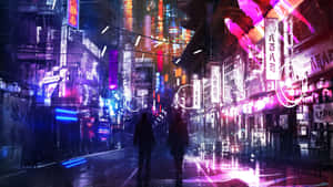 兩個人在夜晚走在一條閃爍霓虹燈、被雨水浸濕的未來城市街道上。 — 夜景城市 壁紙