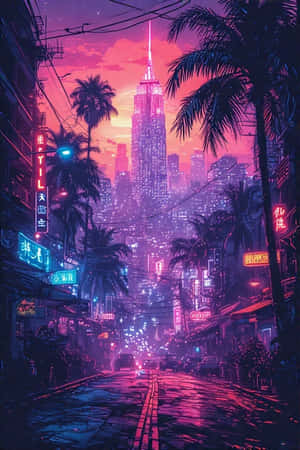 霓虹燈照亮城市街道，棕櫚樹，高聳摩天大樓，粉紅紫色天空 — 復古 壁紙