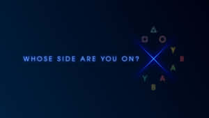 發光的PlayStation控制器按鈕，附有詢問你站在哪一邊的文字