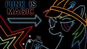 戴著霓虹太陽眼鏡和帽子的卡通小馬，拿著寫有「funk is magic」文字的飲料。 — 星期五夜放克 壁紙