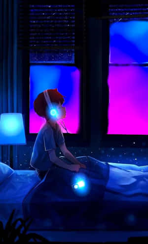 年輕動漫角色在床上戴著發光耳機的夜晚場景。