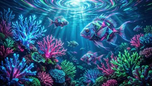 霓虹魚在奇幻的水下場景中於發光的珊瑚間游動。