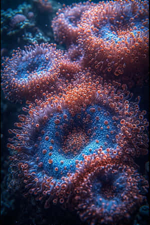 深海水中帶有細小觸手狀結構的發光藍色和橙色珊瑚特寫 — iPhone 4 壁紙