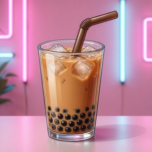 一杯冰凍珍珠奶茶，內有黑珍珠和冰塊，背景是霓虹燈。