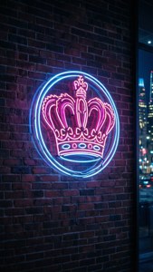 磚牆上的霓虹皇冠標誌，夜間透過窗戶可見城市燈光。
